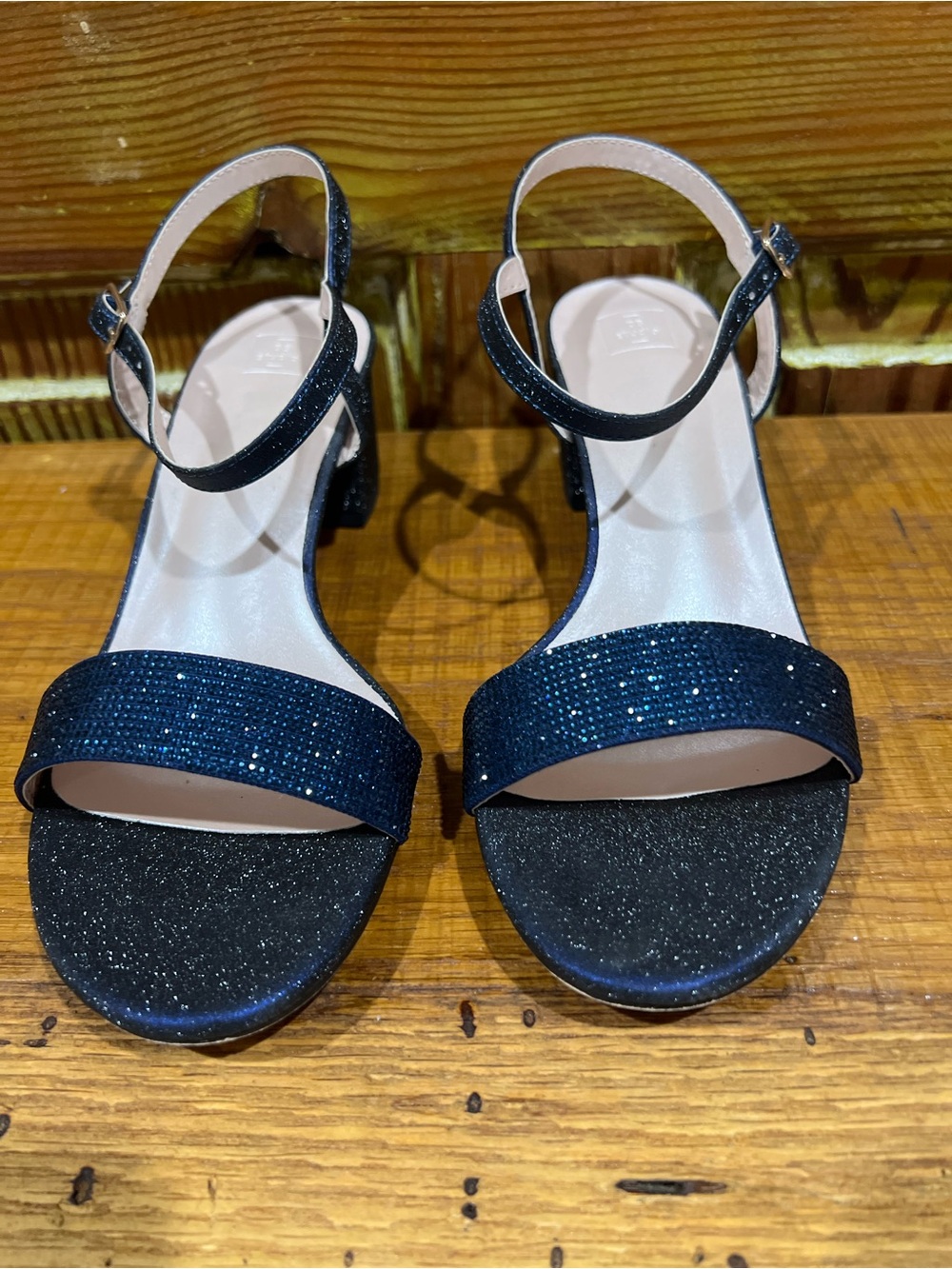 Sparkle Navy Ankle-Strap Block Heel Sandals